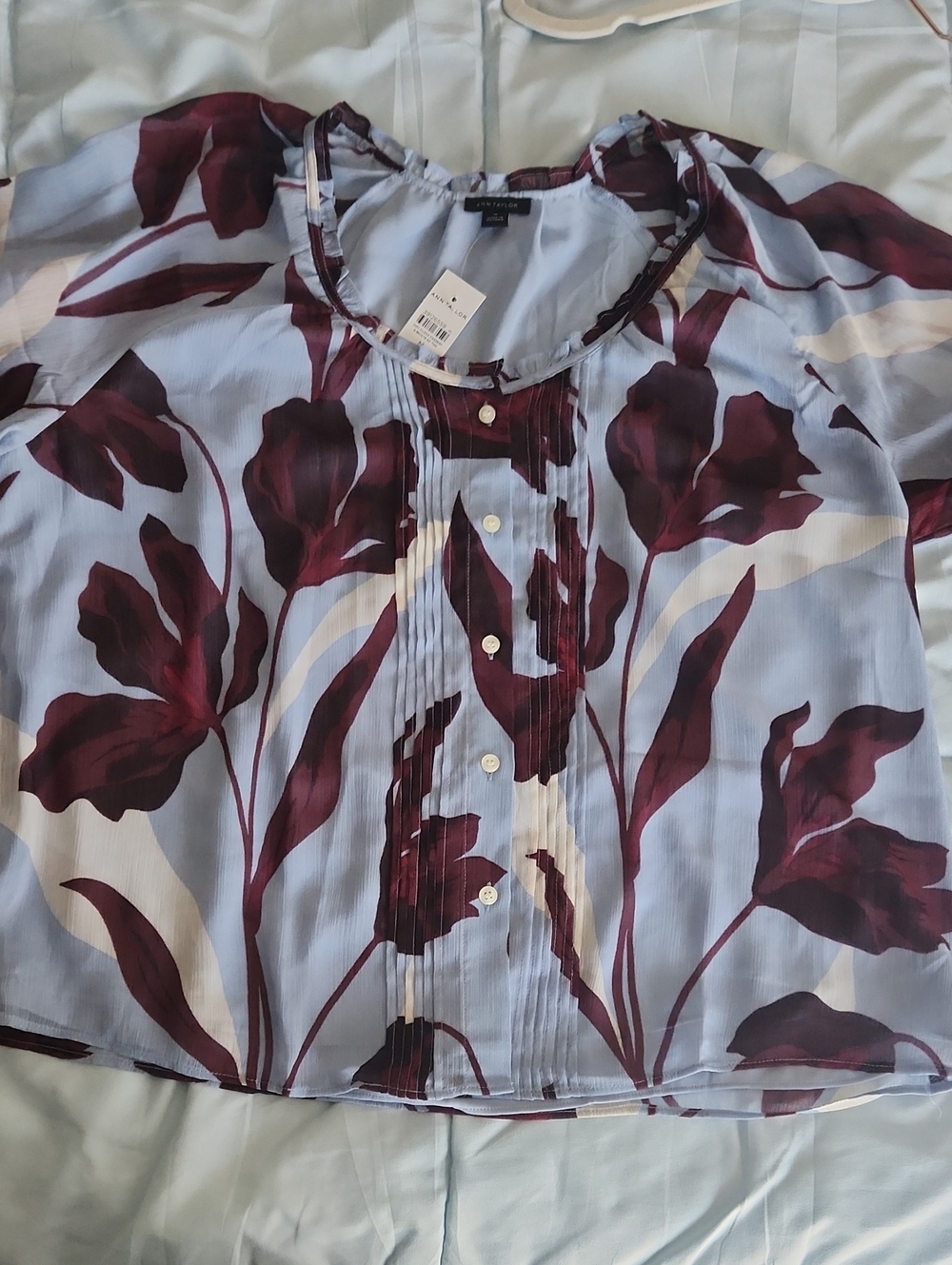 Ann Taylor Light Blue Top with Floral Accent